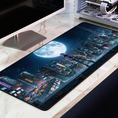 Cyberpunk Anime Desk Mat, Futuristic Night City Mousepad, Sci-Fi Giant Moon Deskpad, Neon Aesthetic XL Gaming Mat, Premium 4mm Thick