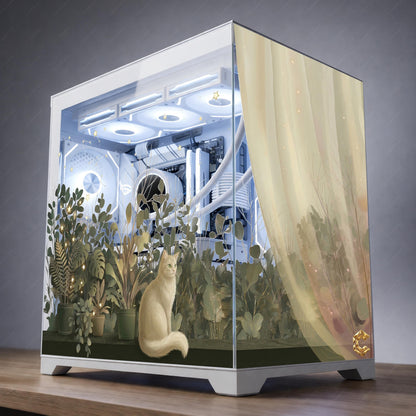 Cozy Botanical Garden & White Cat — Static Cling PC Case Skin | Whimsical Nature Aesthetic | Easy Apply and Removable