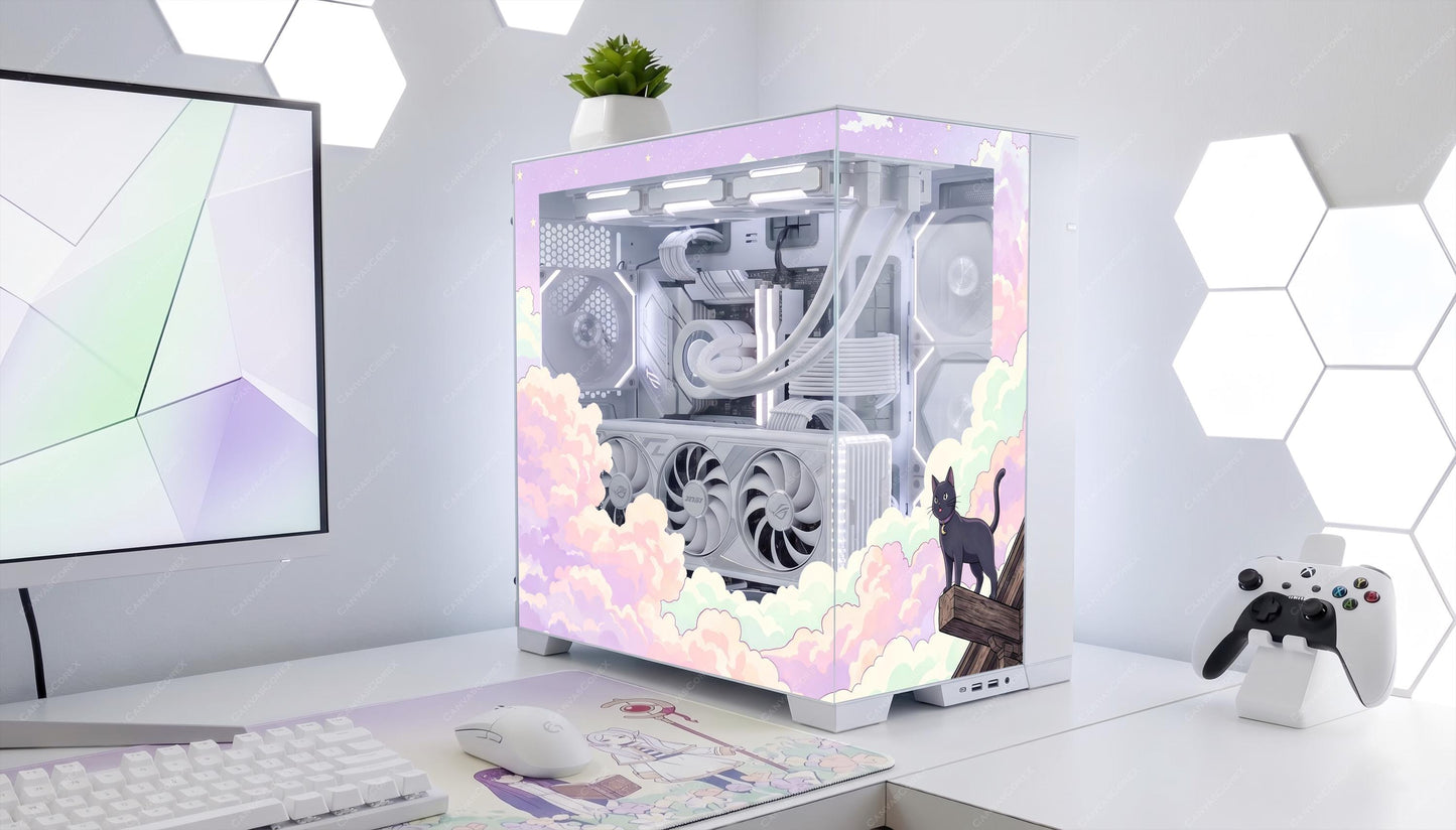Cozy Pastel Cloud PC Case Skin - Black Cat Anime Gaming Desk Decor - Custom Fit For ANY PC - Reusable Kawaii Static Cling Decal Glass Wrap