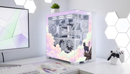 Cozy Pastel Cloud PC Case Skin - Black Cat Anime Gaming Desk Decor - Custom Fit For ANY PC - Reusable Kawaii Static Cling Decal Glass Wrap