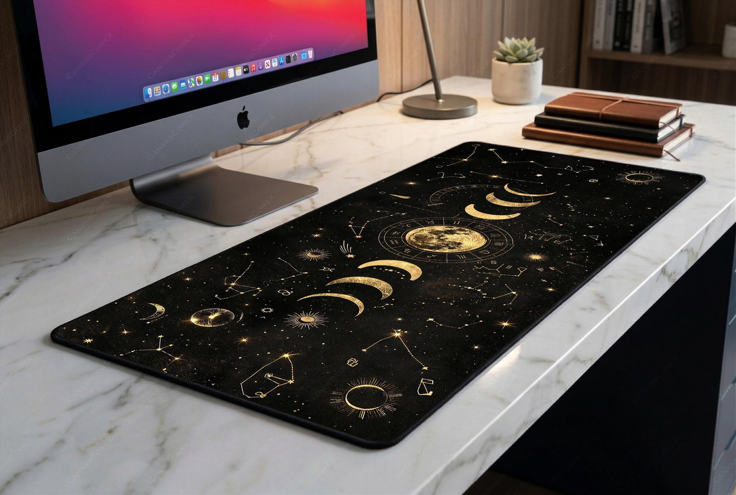 Gold Moon Phase Desk Mat, Celestial Astrology XL Mousepad, Zodiac Wheel Gaming Mat, Dark Academia Deskpad, 4mm Thick, Free US Shipping
