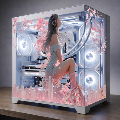 Sakura PC Case Skin | Anime Girl PC Glass Panel Decal | Pink Aesthetic Gaming Setup | Custom Static Cling Cover | Cute PC Mod