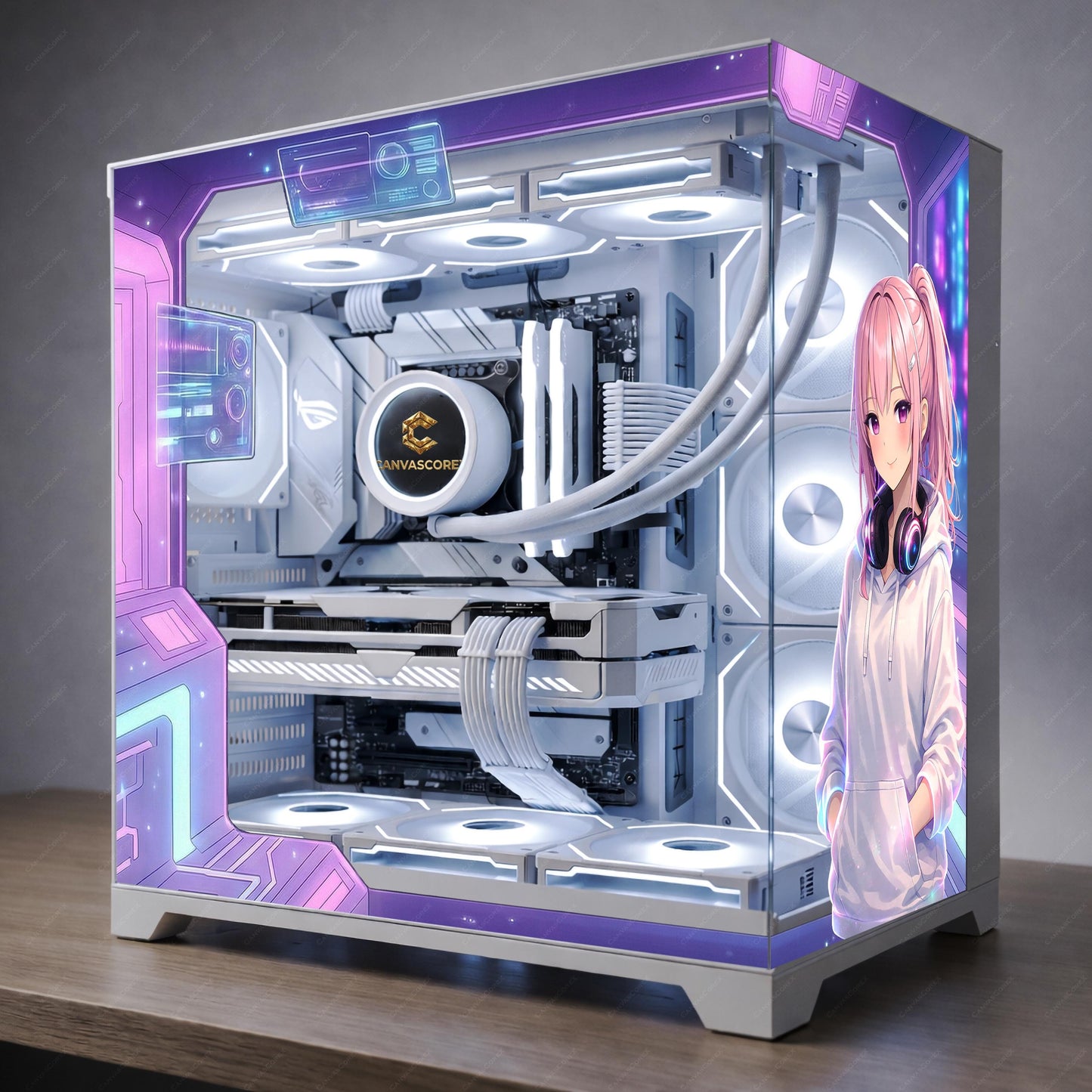 Anime Girl PC Case Skin – Cling Glass Skin – Tempered Glass Wrap – RGB Compatible – Cozy Gaming Setup Decor – Custom Size
