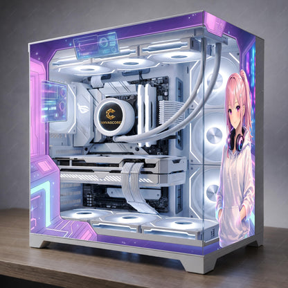 Anime Girl PC Case Skin – Cling Glass Skin – Tempered Glass Wrap – RGB Compatible – Cozy Gaming Setup Decor – Custom Size