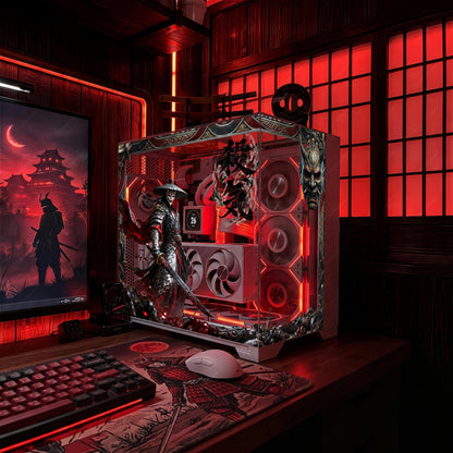 Dark Samurai PC Case Skin - Custom Fit For ANY PC - Oni Mask Japanese Aesthetic Gaming Decor - Reusable Static Cling Decal - Blood Red Wrap