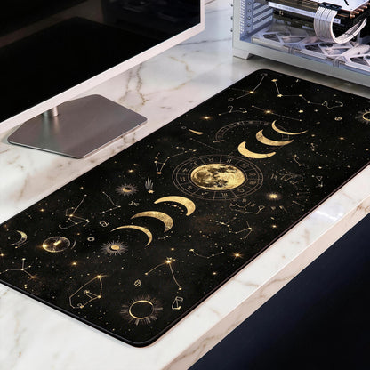 Gold Moon Phase Desk Mat, Celestial Astrology XL Mousepad, Zodiac Wheel Gaming Mat, Dark Academia Deskpad, 4mm Thick, Free US Shipping