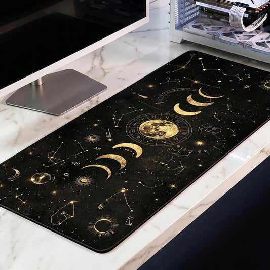 Gold Moon Phase Desk Mat, Celestial Astrology XL Mousepad, Zodiac Wheel Gaming Mat, Dark Academia Deskpad, 4mm Thick, Free US Shipping