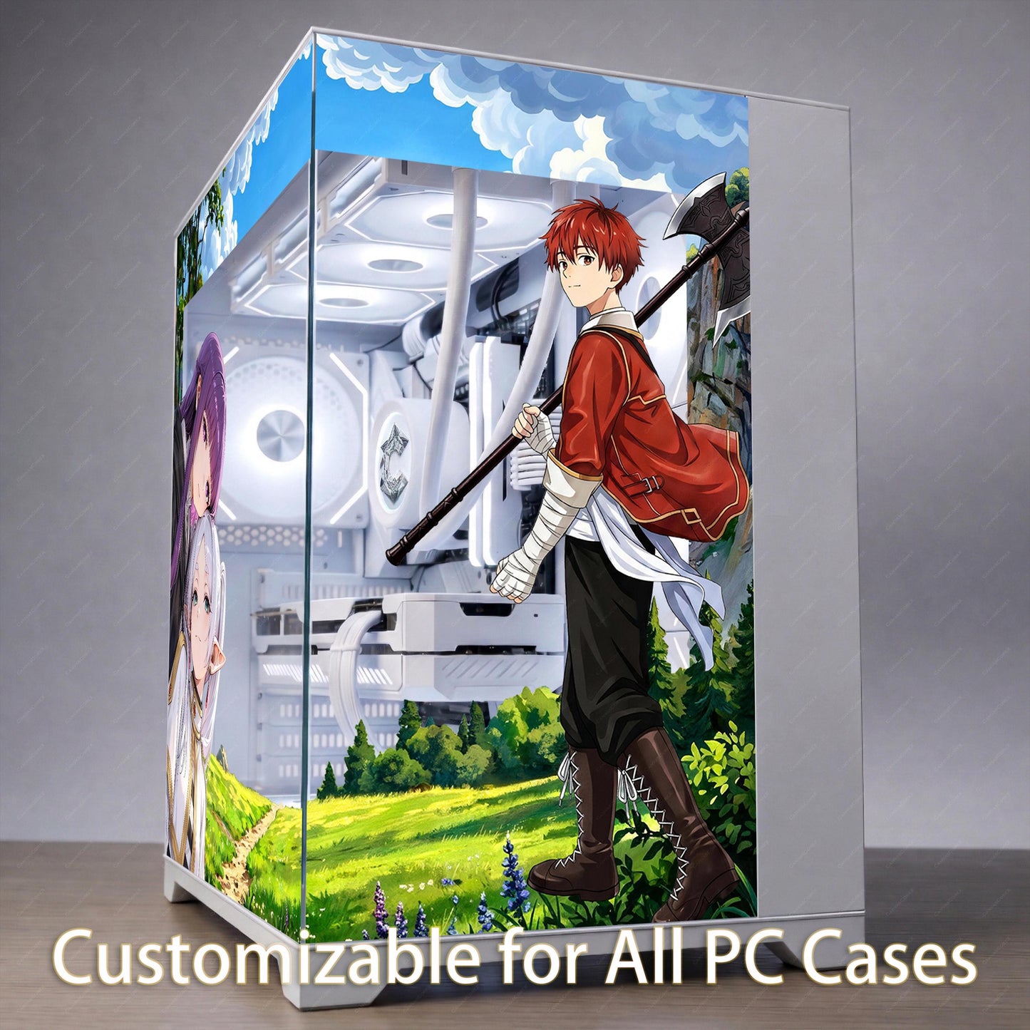 Frieren Anime PC Case Skin - Custom Fit For ANY PC - Cozy Fantasy Gaming Setup Decor - Reusable Static Cling Decal - Nature Glass Wrap