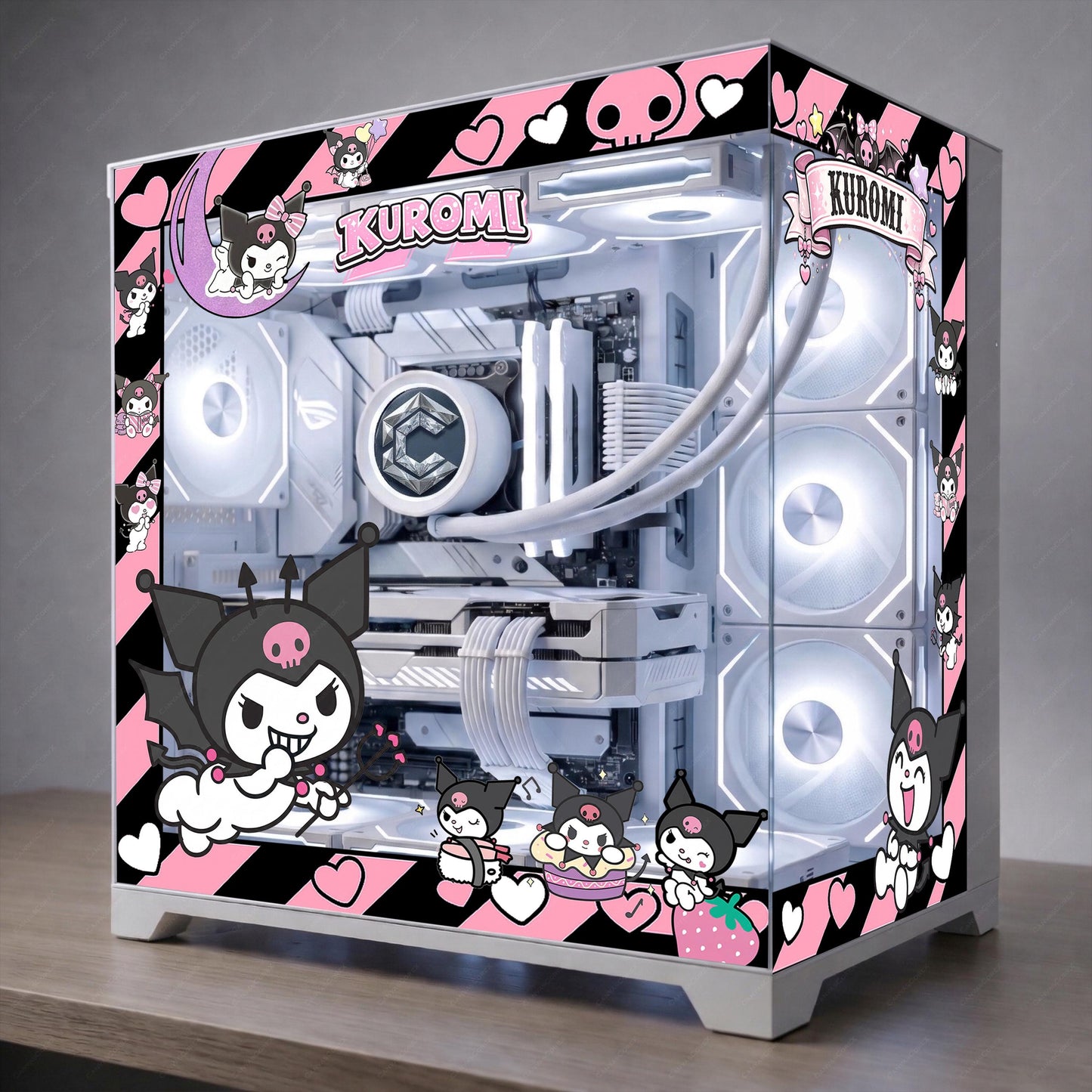 Kuromi Custom PC Case Skin - Pink & Black Anime Aesthetic PC Skin - Desktop Decor - Non-Adhesive Vinyl Decal