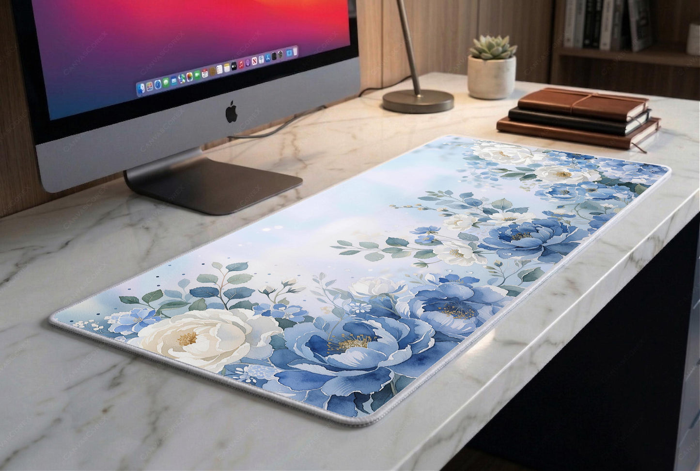 Blue Floral Mouse Pad XXL, Aesthetic Desk Mat, Cute Flower Desk Setup, Soft Girl Desk Decor, Large Gaming Mousepad