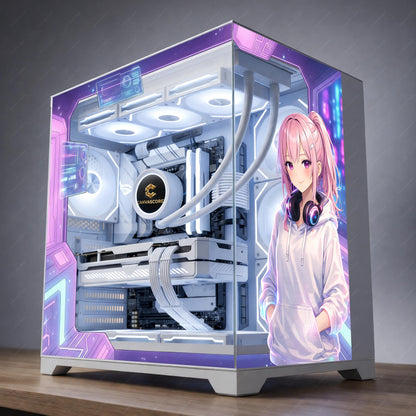 Anime Girl PC Case Skin – Cling Glass Skin – Tempered Glass Wrap – RGB Compatible – Cozy Gaming Setup Decor – Custom Size