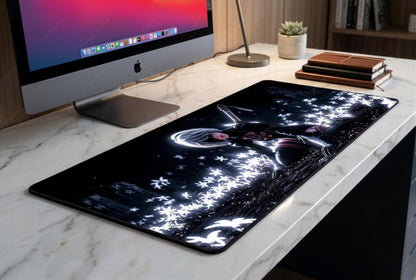 Dark Automata Desk Mat, Glowing White Flowers Mousepad, Cinematic Anime XL Deskpad, Sci-Fi RPG Gaming Mat, Premium 4mm Thick