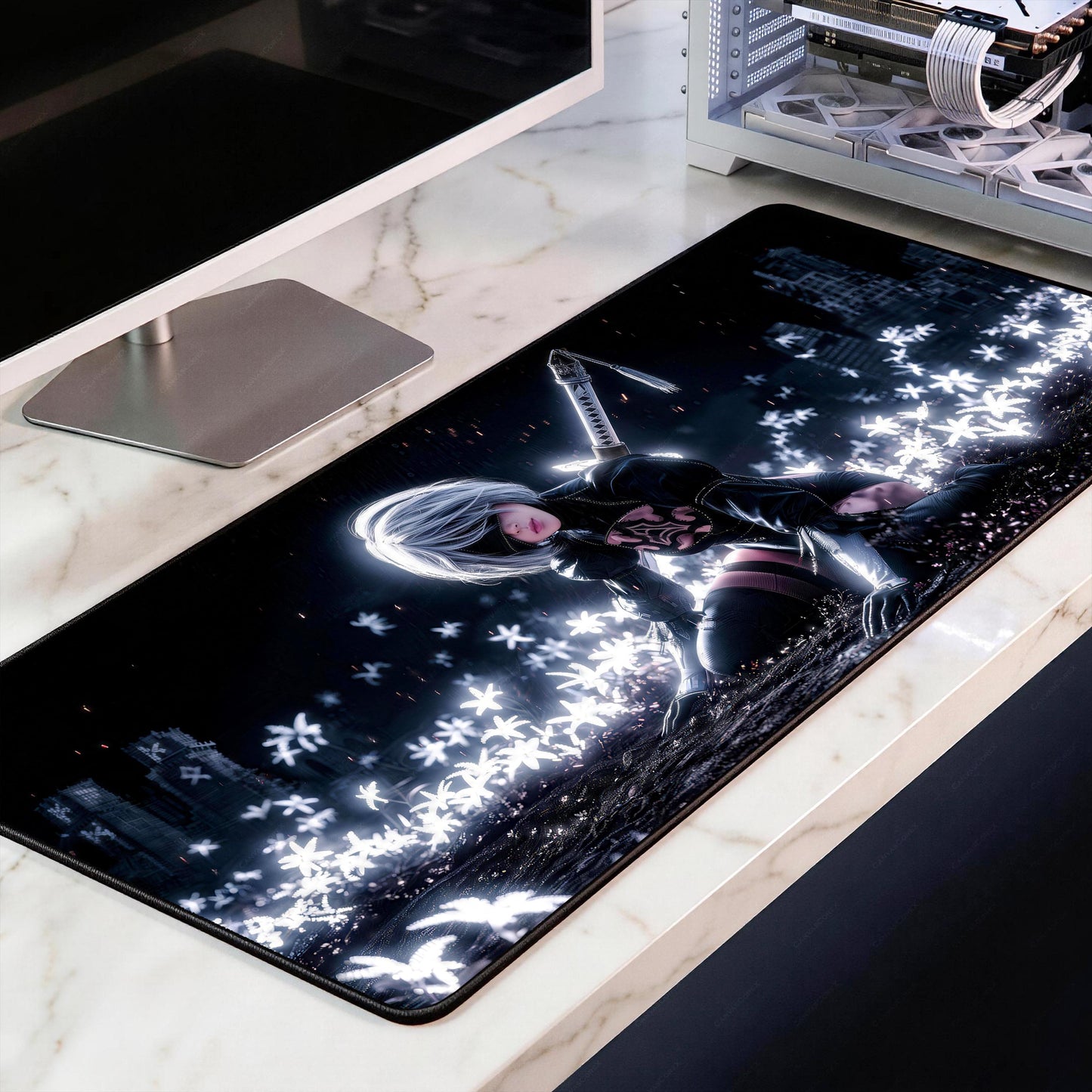 Dark Automata Desk Mat, Glowing White Flowers Mousepad, Cinematic Anime XL Deskpad, Sci-Fi RPG Gaming Mat, Premium 4mm Thick