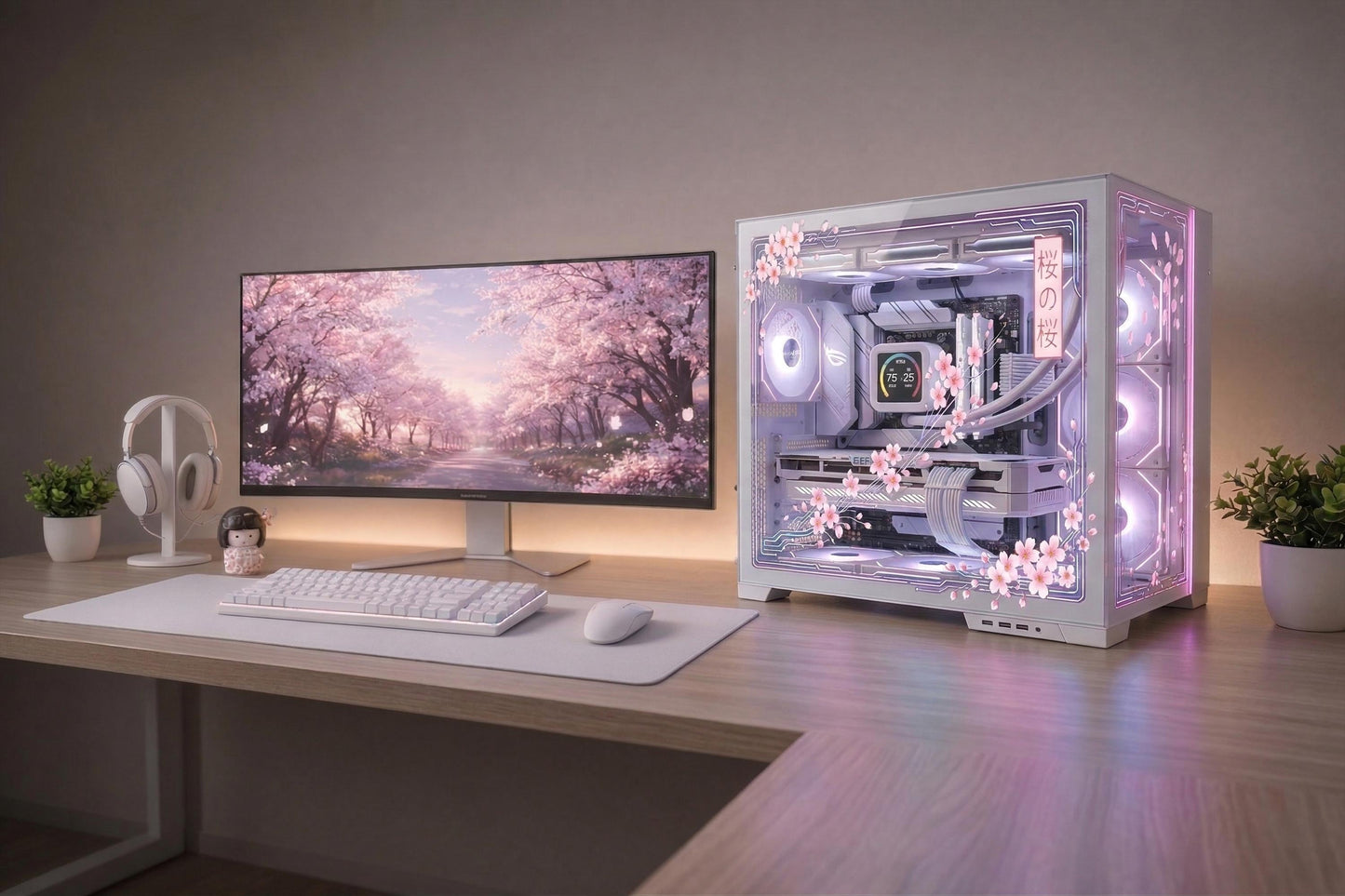Cyber Sakura PC Case Skin | Cherry Blossom Static Cling for Glass Panel | Anime Gaming Setup Decor | Custom Sizes