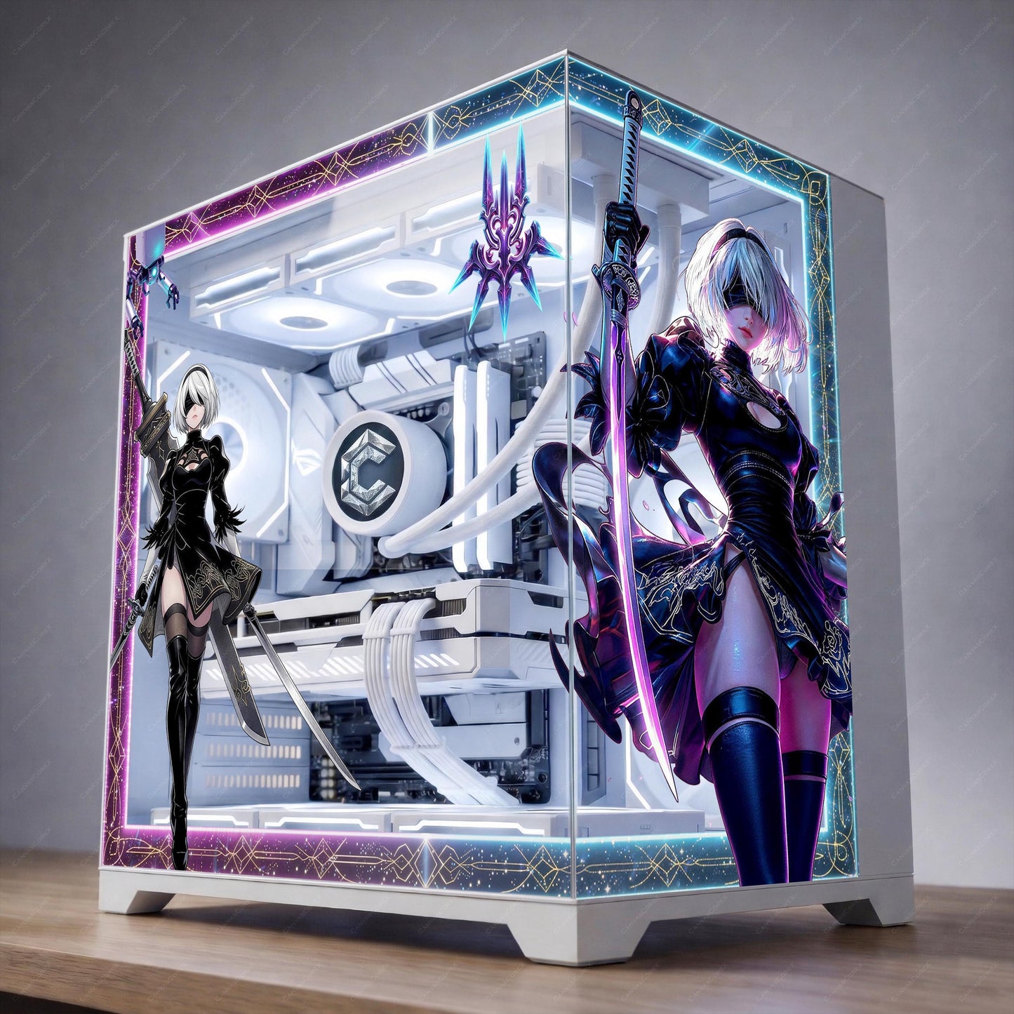 NieR Automata 2B PC Case Skin - Yorha Android Static Cling Decal - Cyberpunk Gaming PC Decor - Reusable No-Residue Glass Wrap - Anime PC Mod