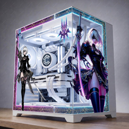 NieR Automata 2B PC Case Skin - Yorha Android Static Cling Decal - Cyberpunk Gaming PC Decor - Reusable No-Residue Glass Wrap - Anime PC Mod