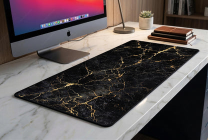 Luxury Black Marble Desk Mat, Gold Vein Kintsugi XL Mousepad, Minimalist Executive Deskpad, Dark Aesthetic Office Decor, Premium Thickness