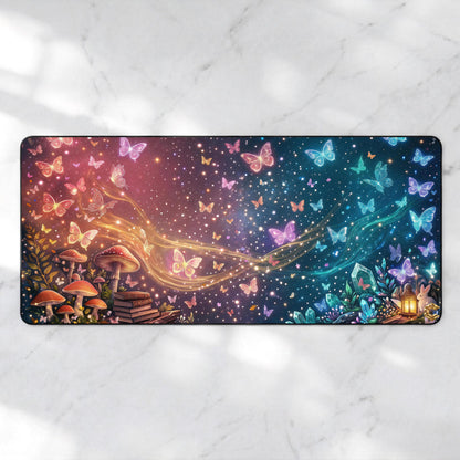 Magical Forest Galaxy Desk Mat, Glowing Butterflies Extended Mousepad, Premium 4mm Gaming Deskpad, Fantasy Crystals Desk Accessory, XL Pad