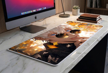 Autumn Anime Boy XL Desk Mat | Golden Leaves Gaming Mousepad | Blue Eyes Sorcerer Deskpad | 4mm Thick