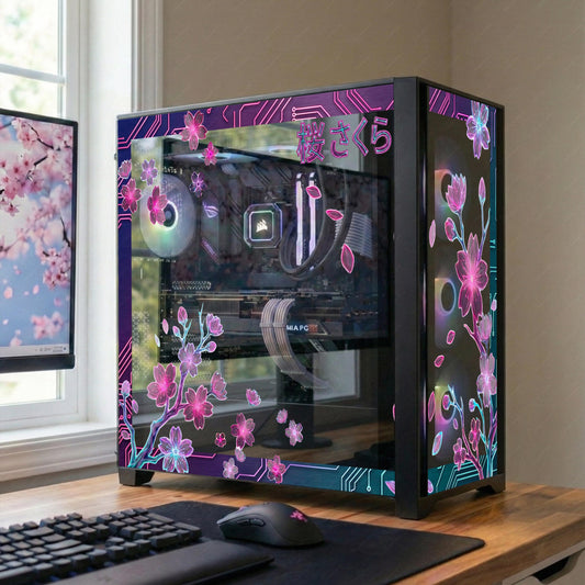 Neon Sakura PC Case Glass Skin | Cherry Blossom Static Cling for Glass Panel | Aesthetics Gaming Setup Decor | Custom Sizes