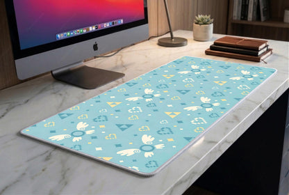 Pastel Retro Adventure Desk Mat, Cute Fairy Companion Mousepad, Pixel Heart Kawaii Deskpad, Light Blue Cozy Gaming XL Mat, 4mm Thick