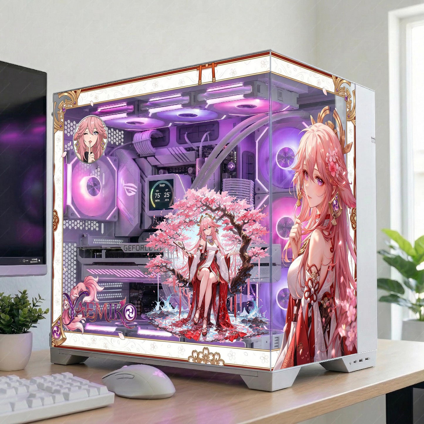 Yae Miko PC Case Skin – Anime Glass Panel Cling, Sakura Pink Gaming Setup Decor, Genshin Inspired PC Wrap, Waifu Desk Aesthetic