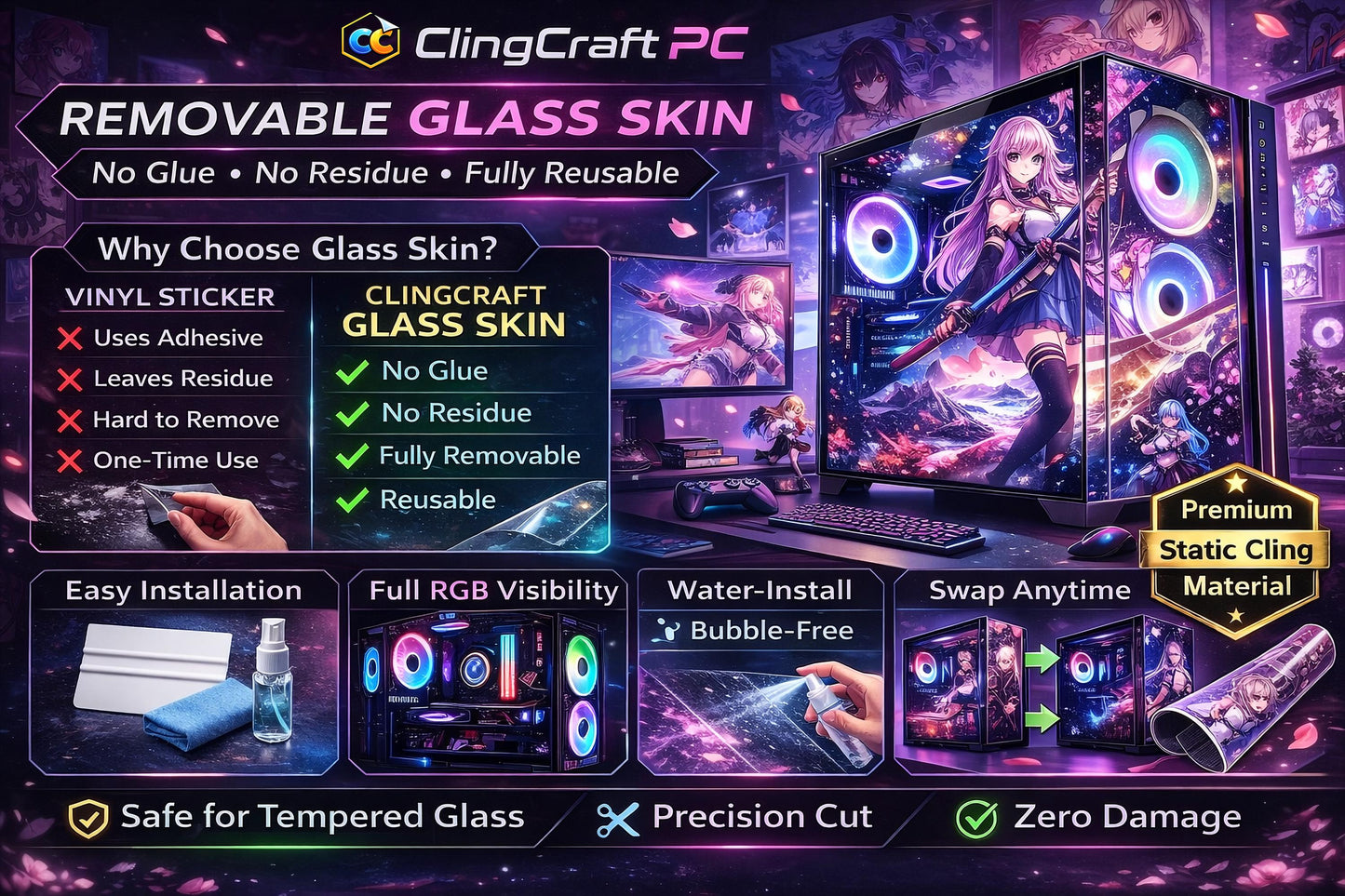 Fire Dragon PC Case Skin | Custom Size PC Case Wrap | Static Cling Glass Skin | Anime Gaming Setup