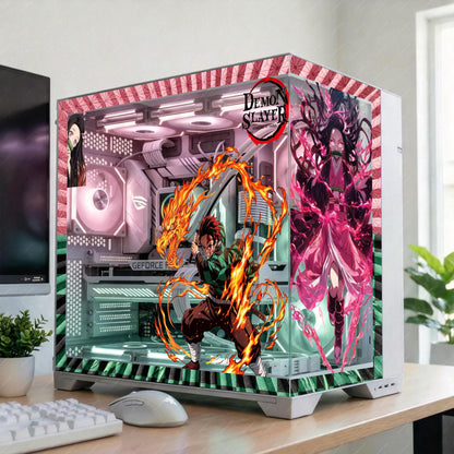 Demon Slayer PC Case Skin - Tanjiro & Nezuko Static Cling Decal - Anime PC Glass Panel Wrap - Reusable Gaming Setup Decor