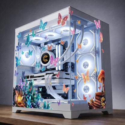 Whimsical Butterfly PC Case Skin - Magical Forest Static Cling Decal - Custom Gaming PC Aesthetic - Reusable No-Residue Glass Wrap