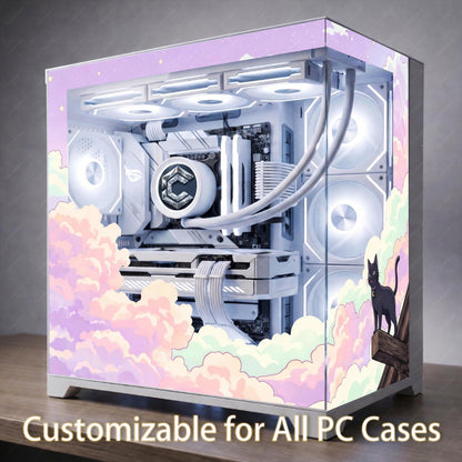 Cozy Pastel Cloud PC Case Skin - Black Cat Anime Gaming Desk Decor - Custom Fit For ANY PC - Reusable Kawaii Static Cling Decal Glass Wrap