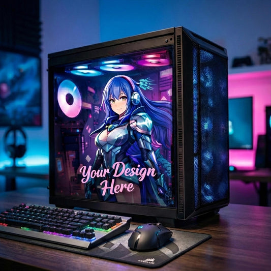 Custom PC Case Skin – Static Cling Glass Skin – Personalized Tempered Glass Wrap – RGB Compatible – Upload Your Design