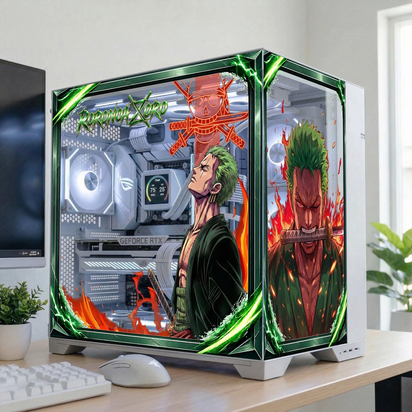 Roronoa Zoro One Piece PC Case Skin - Anime Static Cling Decal for Lian Li O11 Hyte Y70 Y60 - Reusable No-Residue Glass Wrap