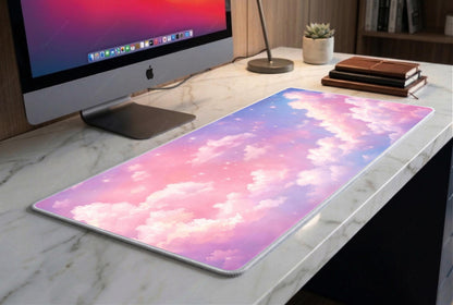 Pink Cloud Aesthetic Desk Mat, Dreamy Pastel Sky Mousepad, Kawaii Purple Sunset Deskpad, Premium 4mm XL Gaming Mat