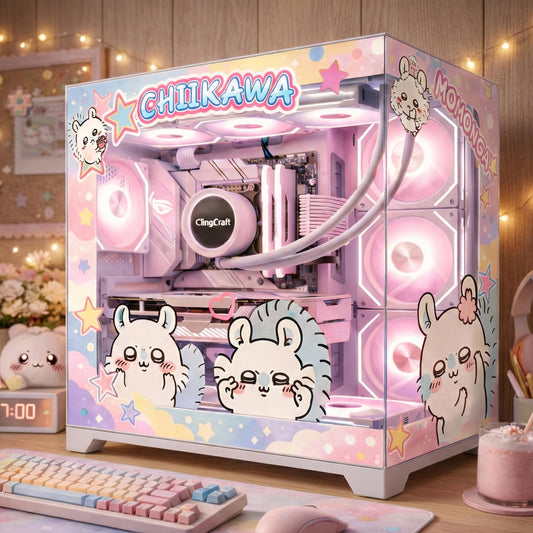 Kawaii Pastel Anime PC Case Wrap | Adhesive-Free Tempered Glass Skin