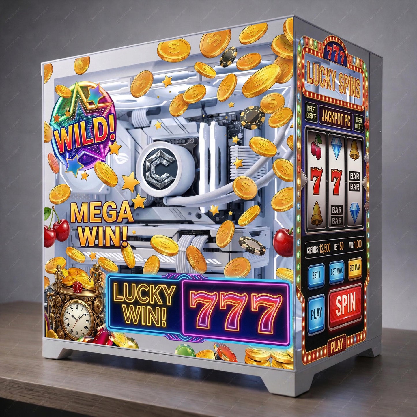 Hyte Y70 PC Case Skin Slot Machine Theme RGB Gaming Setup | Lucky 777 Static Cling Glass Panel | Casino Aesthetic PC Mod | No Residue Vinyl