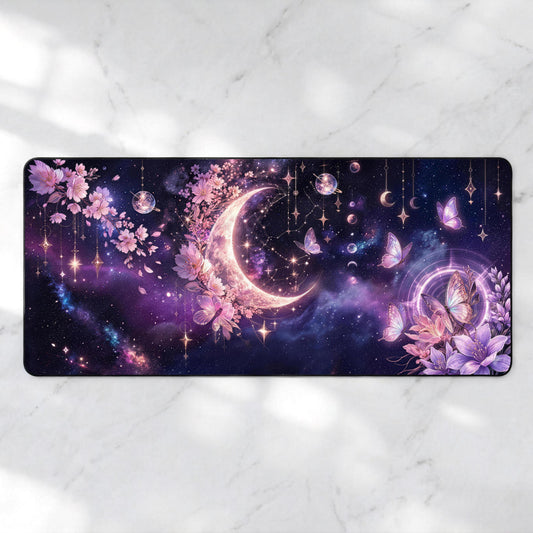 Celestial Moon Sakura Desk Mat, Purple Galaxy Butterfly Mousepad, XL Aesthetic Whimsigoth Deskpad, Magical Fantasy Gaming Mat, 4mm Thick
