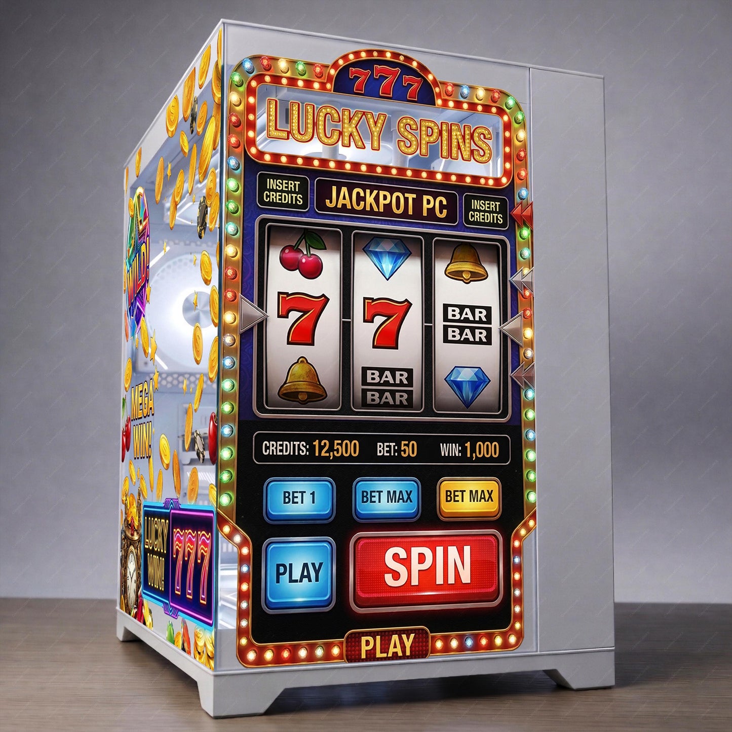 Hyte Y70 PC Case Skin Slot Machine Theme RGB Gaming Setup | Lucky 777 Static Cling Glass Panel | Casino Aesthetic PC Mod | No Residue Vinyl