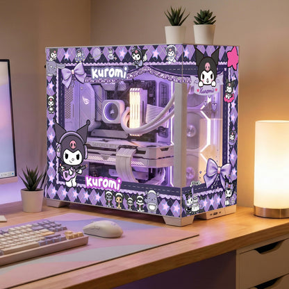 Kuromi PC Case Skin – Static Cling Glass Skin – Tempered Glass Wrap – Kawaii Purple Gaming Setup Decor – Custom Size