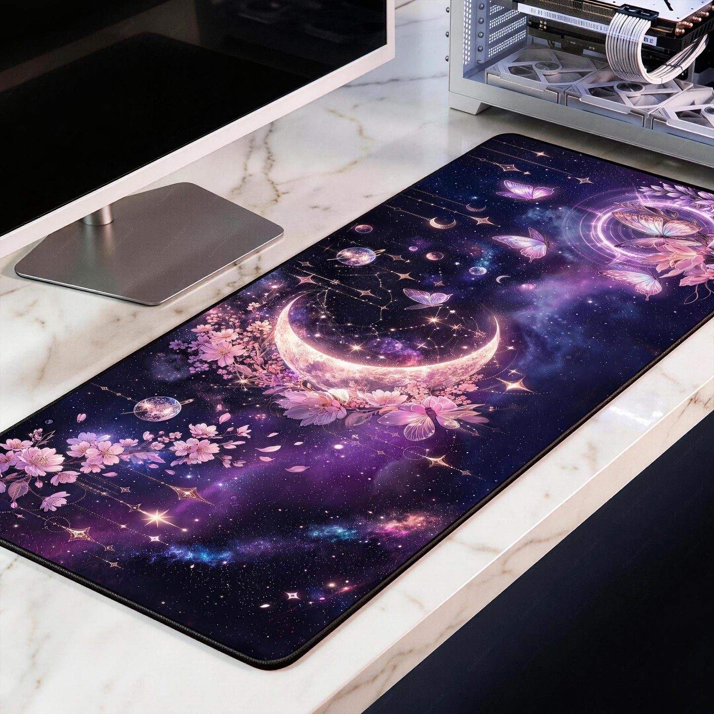 Celestial Moon Sakura Desk Mat, Purple Galaxy Butterfly Mousepad, XL Aesthetic Whimsigoth Deskpad, Magical Fantasy Gaming Mat, 4mm Thick