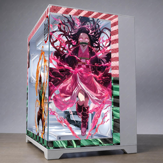 Demon Slayer PC Case Skin - Tanjiro & Nezuko Static Cling Decal - Anime PC Glass Panel Wrap - Reusable Gaming Setup Decor