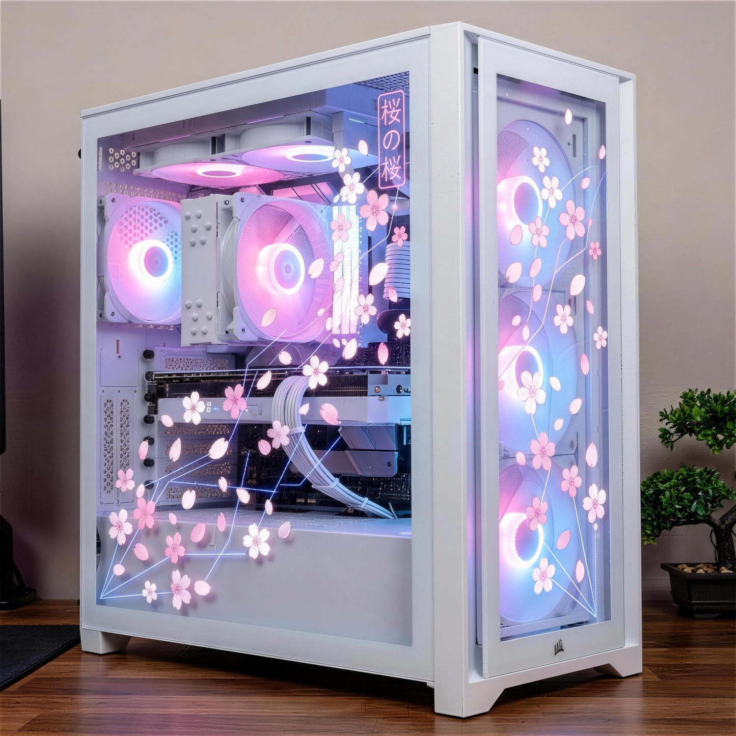 Cyber Sakura PC Case Skin | Cherry Blossom Static Cling for Glass Panel | Anime Gaming Setup Decor | Custom Sizes