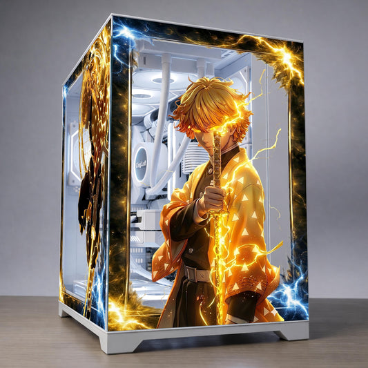 Zenitsu Anime PC Case Skin – Static Cling Glass Skin – Tempered Glass Wrap – RGB Compatible – Demon Slayer Gaming Setup – Custom Size