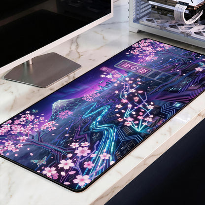 Cyberpunk Sakura Desk Mat, Neon Cherry Blossom Gaming Mousepad, Japanese Aesthetic XL Deskpad, Fuji Synthwave Mat