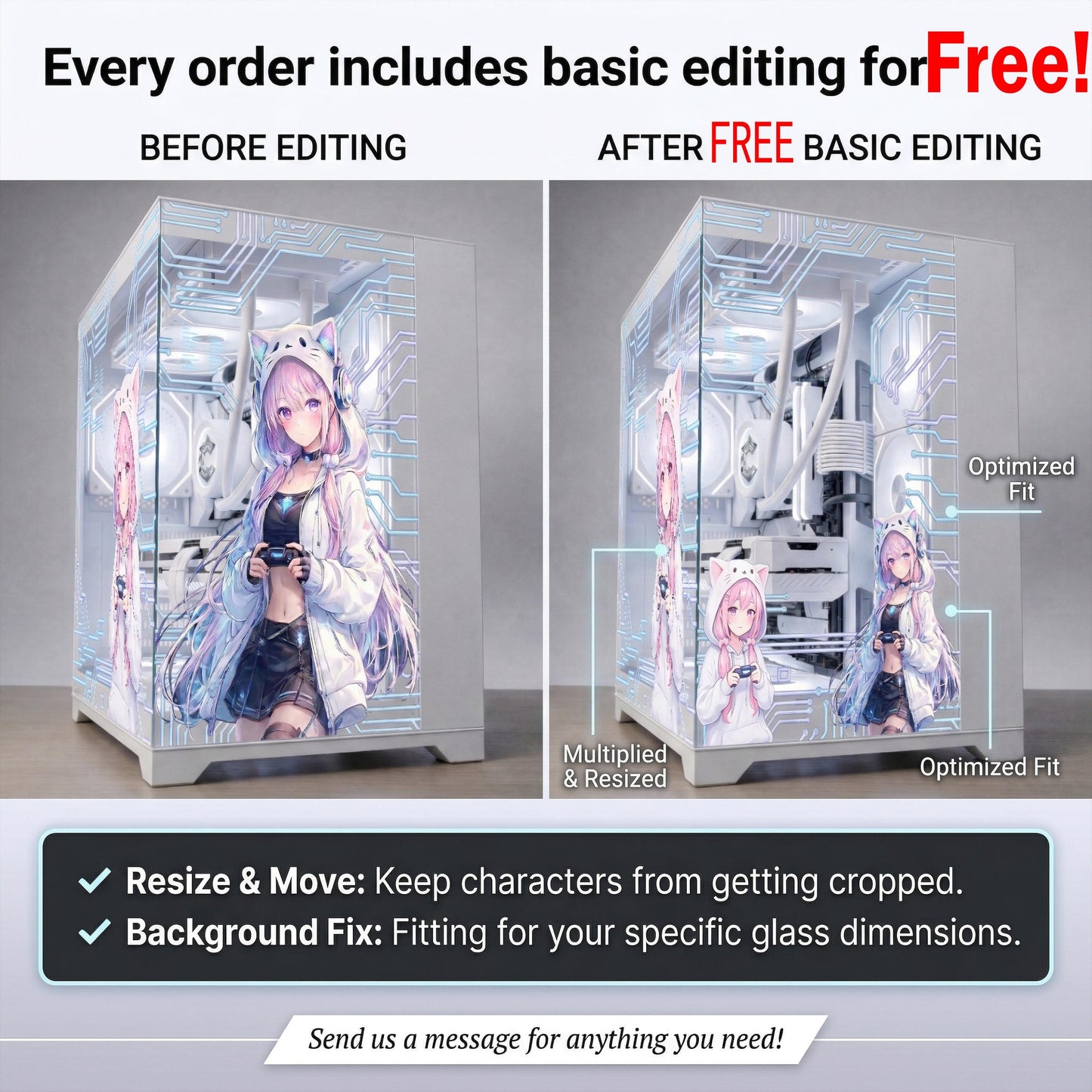 Kawaii Pastel Anime PC Case Wrap | Adhesive-Free Tempered Glass Skin