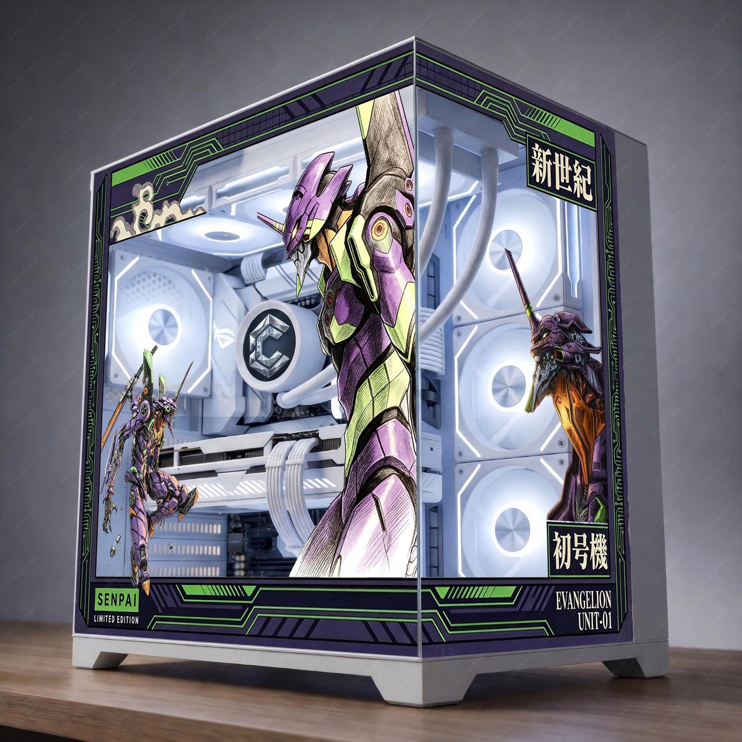 Evangelion Unit-01 PC Case Skin - EVA-01 Mecha Anime Static Cling Decal for Hyte Y70 Y60 Lian Li O11 - Purple & Green Gaming PC Decor