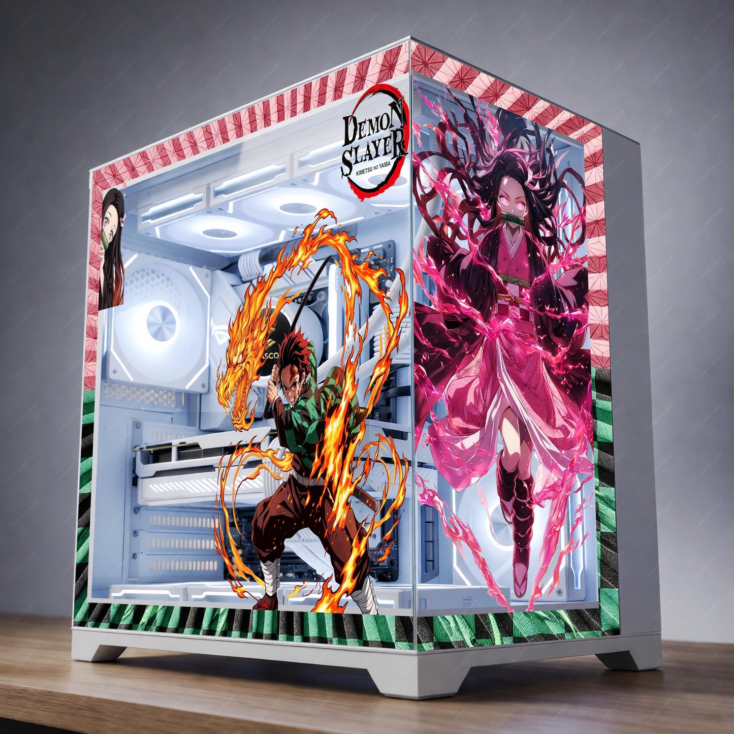 Demon Slayer PC Case Skin - Tanjiro & Nezuko Static Cling Decal - Anime PC Glass Panel Wrap - Reusable Gaming Setup Decor