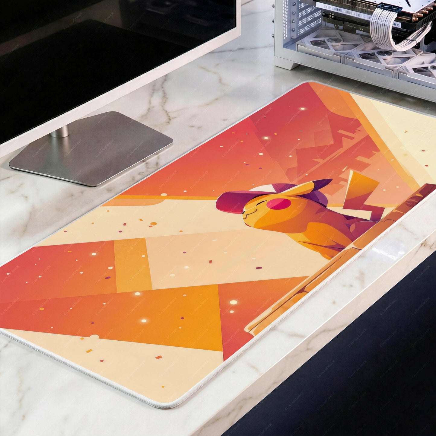 Yellow Electric Mouse Desk Mat, Geometric Sunset Anime Mousepad, Retro Gamer XL Deskpad, Warm Orange Minimalist Gaming Mat, 4mm Thick
