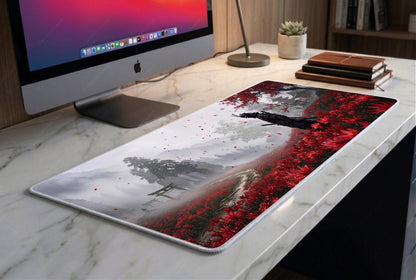 Japanese Samurai Desk Mat, Red Spider Lily Mousepad, Dark Ronin XL Deskpad, Feudal Japan Gaming Mat, Cinematic Aesthetic, 4mm Thick