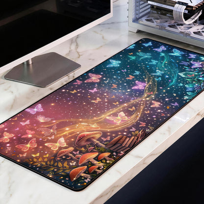 Magical Forest Galaxy Desk Mat, Glowing Butterflies Extended Mousepad, Premium 4mm Gaming Deskpad, Fantasy Crystals Desk Accessory, XL Pad