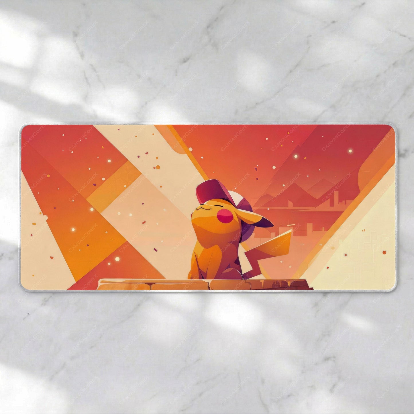 Yellow Electric Mouse Desk Mat, Geometric Sunset Anime Mousepad, Retro Gamer XL Deskpad, Warm Orange Minimalist Gaming Mat, 4mm Thick